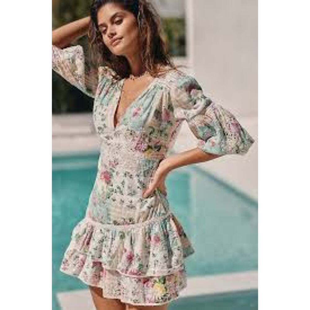 Barok Large Mini Dress Green White Cotton Ruffled Embroidered Balloon Sleeves